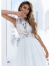 High Neck Ivory Lace Tulle Wedding Dress With Big Bow